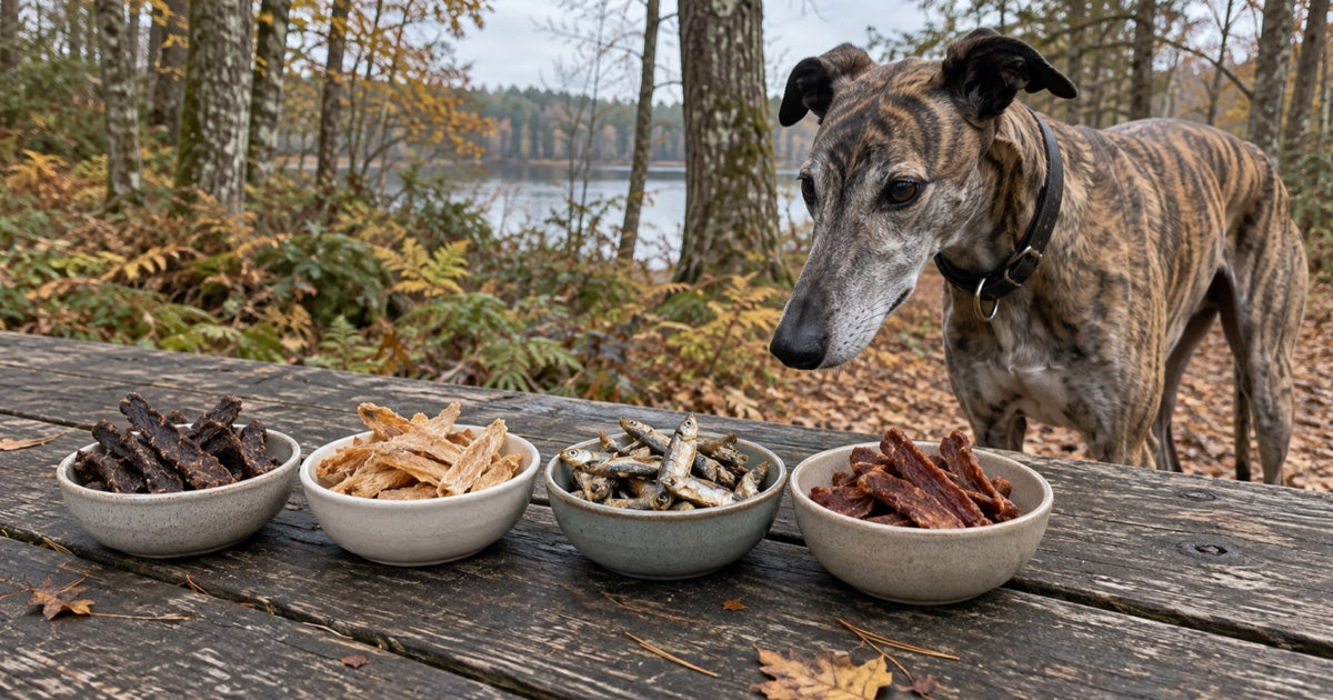 Gestromter Windhund neben vier Schalen mit unterschiedlichen getrockneten Hundesnacks