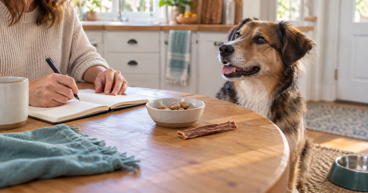 Hund sitzt am Küchentisch, während seine Halterin Snacks und Kauartikel in einem Futtertagebuch notiert