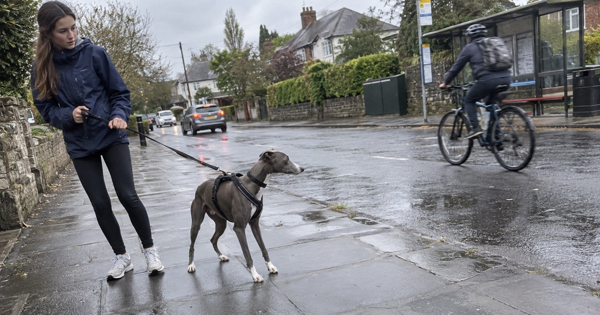 Jugendliche hält ihren Windhund bei Ablenkung durch einen Radfahrer auf Abstand