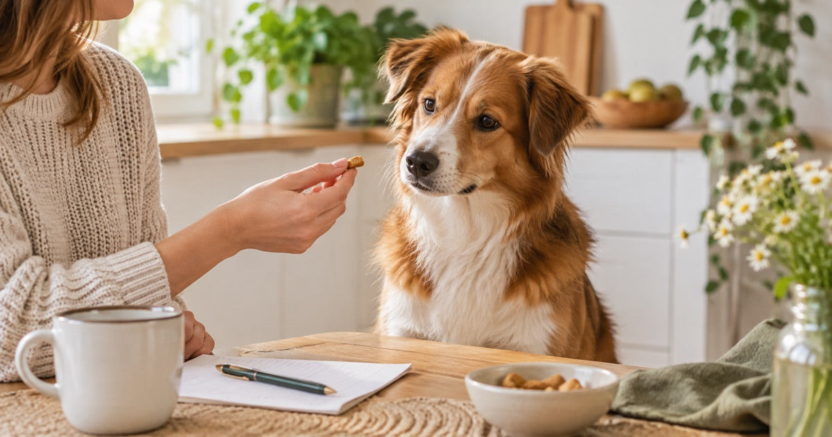 Halterin bietet ihrem Hund einen kleinen neuen Snack an und notiert die Beobachtung auf einem Block