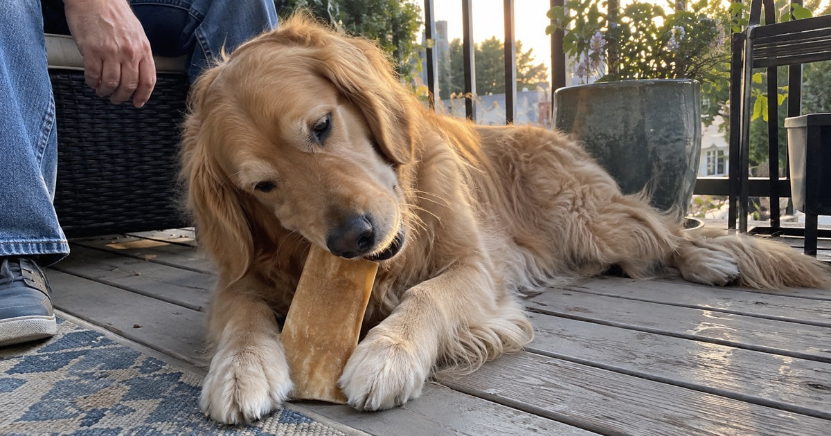Golden Retriever kaut auf einem Balkon unter Aufsicht an einer flachen Kauplatte